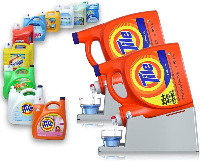Skywin TidyFriend 2 Pack Liquid Laundry Detergent Holder Stand with Drip Tray & Rubber-Grip Feet, Stand for Laundry Room Organization and Storage, Fabric Softener Dispenser with Cup Holder (Grey) - Image 1